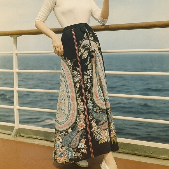 Calypso St. Barth Dresses & Skirts - Calypso St. Barth Paisley Printed Silk Maxi Corded Skirt Nogi M Medium Navy Pink